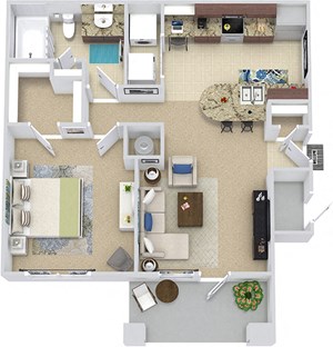 San Sebastian 3D. 1 bedroom apartment. Kitchen with bartop open to living room. 1 full bathroom. Walk-in closet. Patio/balcony. External storage.